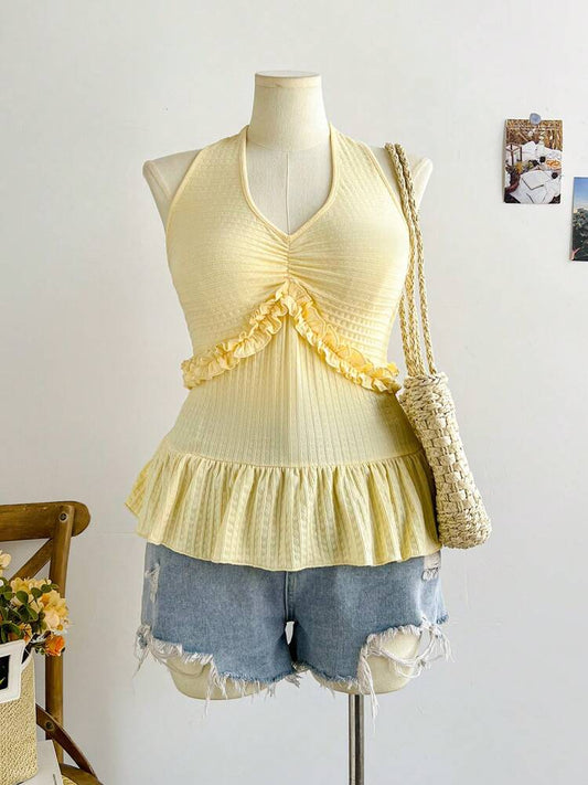 Plus Size Yellow Halter Tie-Up A-Line Top for Women – Spring Casual, Beach, Countryside, Romantic & Tea Time Outfits