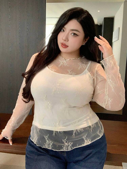 Sheer Lace Turtleneck Blouse for Women – Elegant & Stylish Dazy Plus Top