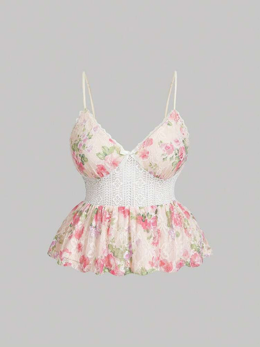 Plus Size Casual Pink Lace Print Patchwork Ruffle Hem Camisole – Vacation & Summer Tops for Women