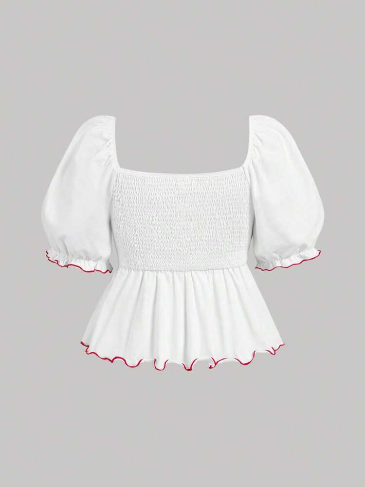 Plus Size Romantic Embroidered Ruffled Puff Sleeve Blouse – Casual Daily & Vacation Wear for Spring, Summer & Fall