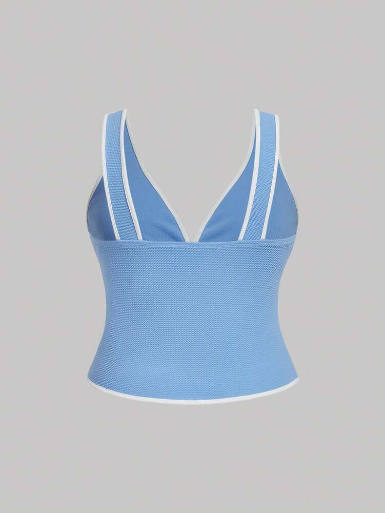 Plus Size Blue & White Contrast Bow Knitted Tank Top – Summer, Beach & Festival Outfits for Women