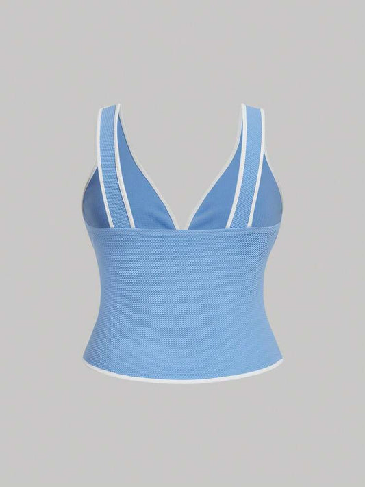 Plus Size Blue & White Contrast Bow Knitted Tank Top – Summer, Beach & Festival Outfits for Women
