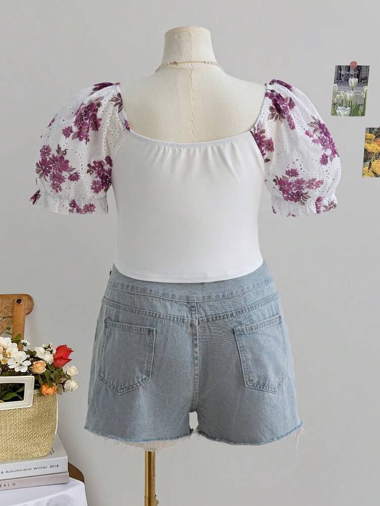 Plus Size Women’s Floral Embroidery Puff Sleeve Square Neck Cami Top – Casual Spring Style