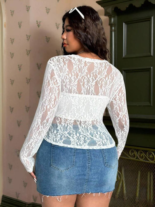 Plus Size Casual White Sheer Layered Lace T-Shirt – Transparent, Elegant Lace Top for Women