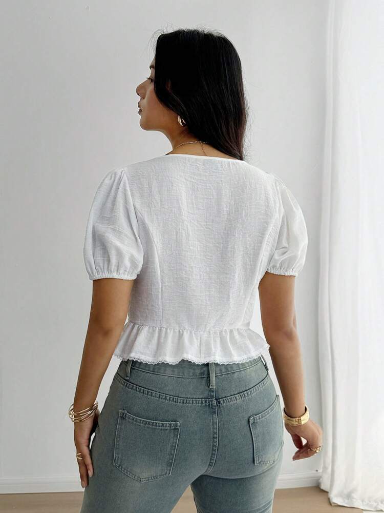 Plus Size Casual White Floral Lace Patchwork Blouse with Open Front Bowknot – Stylish Women’s Top