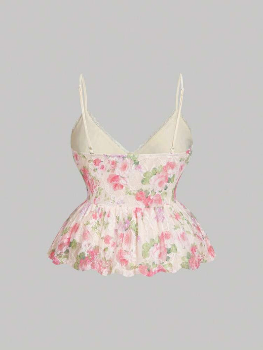 Plus Size Casual Pink Lace Print Patchwork Ruffle Hem Camisole – Vacation & Summer Tops for Women