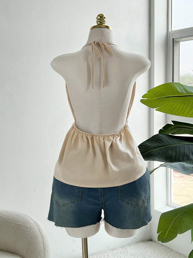 Elegant Fitted Satin Backless Pleated Deep V Neck Cami Vest for Women – European & American Style