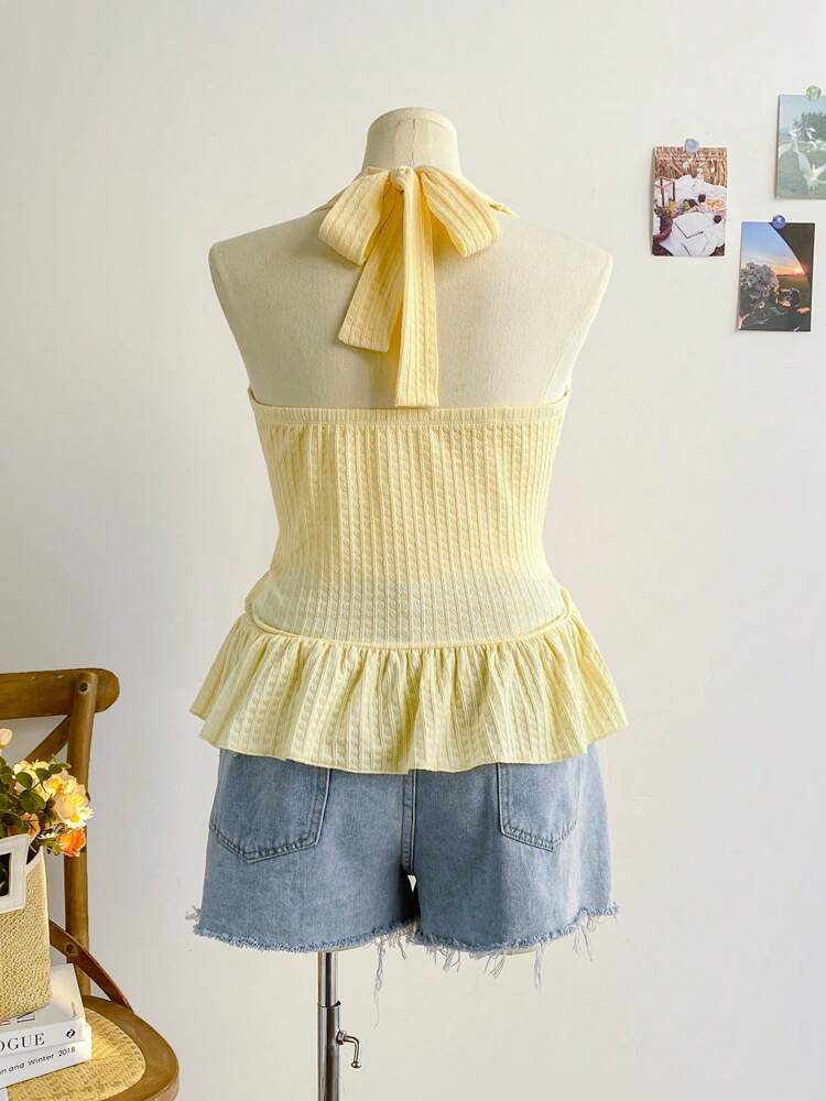 Plus Size Yellow Halter Tie-Up A-Line Top for Women – Spring Casual, Beach, Countryside, Romantic & Tea Time Outfits