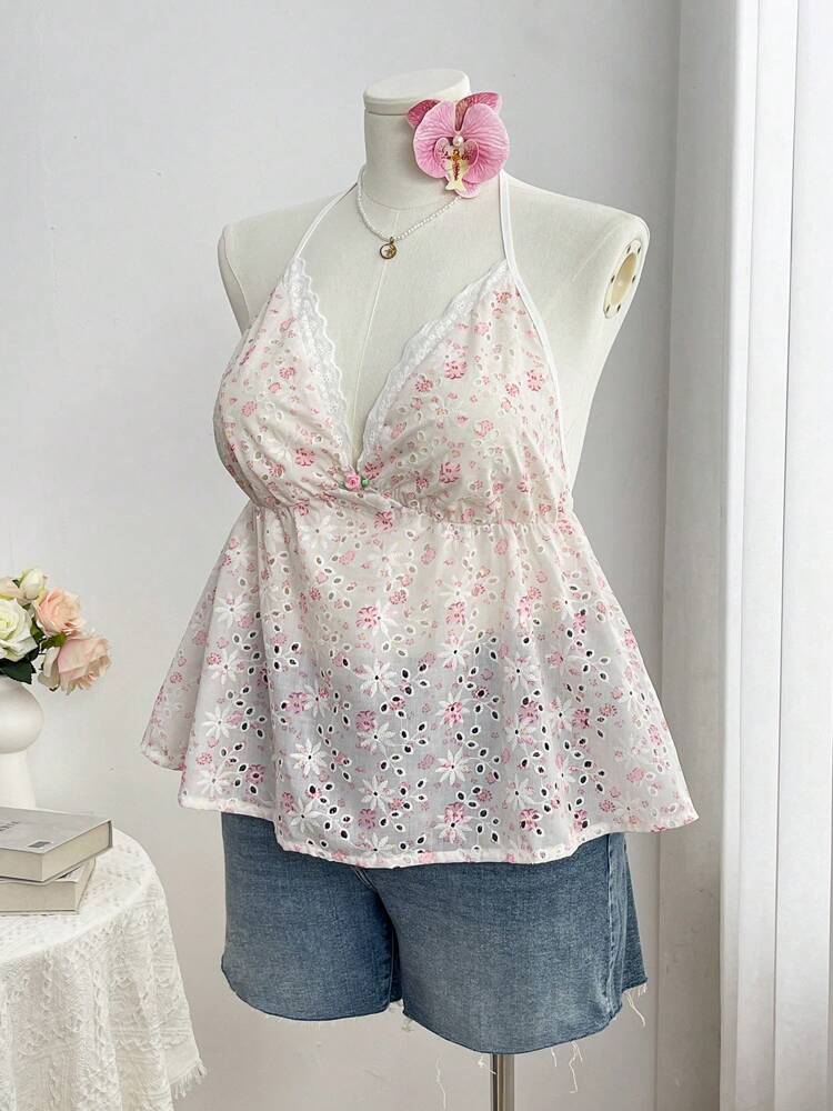 Plus Size Floral Contrast Lace Trim Halter Neck Camisole – Cute & Minimalist Summer Top for Women, Perfect for Casual, Vacation & Date Outfits