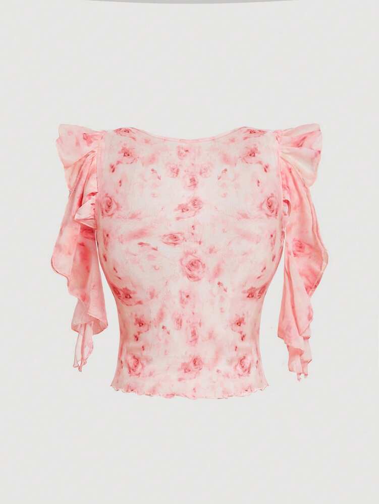 Plus Size Women’s Pink Rose Tie Dye V-Neck Lace Ruffle Sleeve Blouse – Cute Summer Top