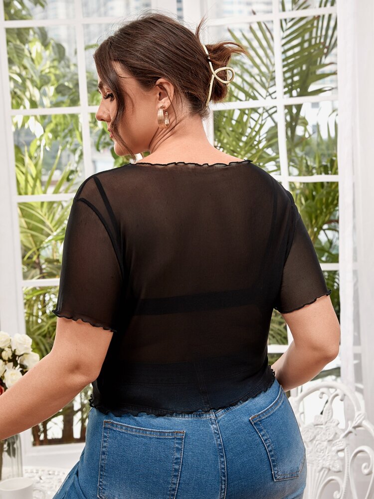 Plus Size Sheer Mesh Lettuce Trim Top – Stylish & Breathable, Bra-Free Design for Women