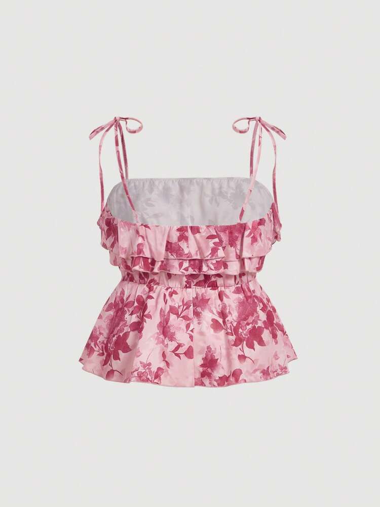 Plus Size Ruffled Trim Floral Print Cami Top – Spring/Summer, Mother’s Day, 4th of July, Graduation & Halloween Outfits