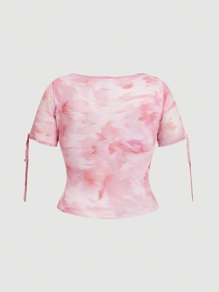 Plus Size Blurred Print Tie Front Mesh Short Sleeve Knit T-Shirt – Stylish Summer, Beach & Festival Outfit for Women, Lightweight and Trendy