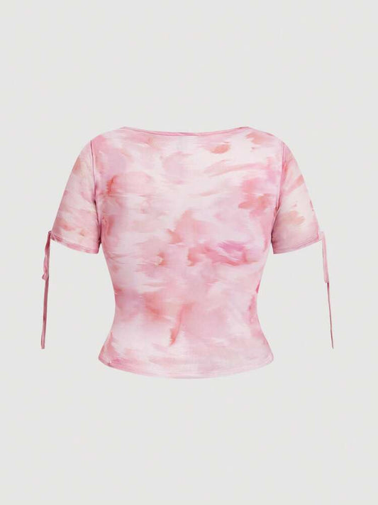 Plus Size Blurred Print Tie Front Mesh Short Sleeve Knit T-Shirt – Stylish Summer, Beach & Festival Outfit for Women, Lightweight and Trendy