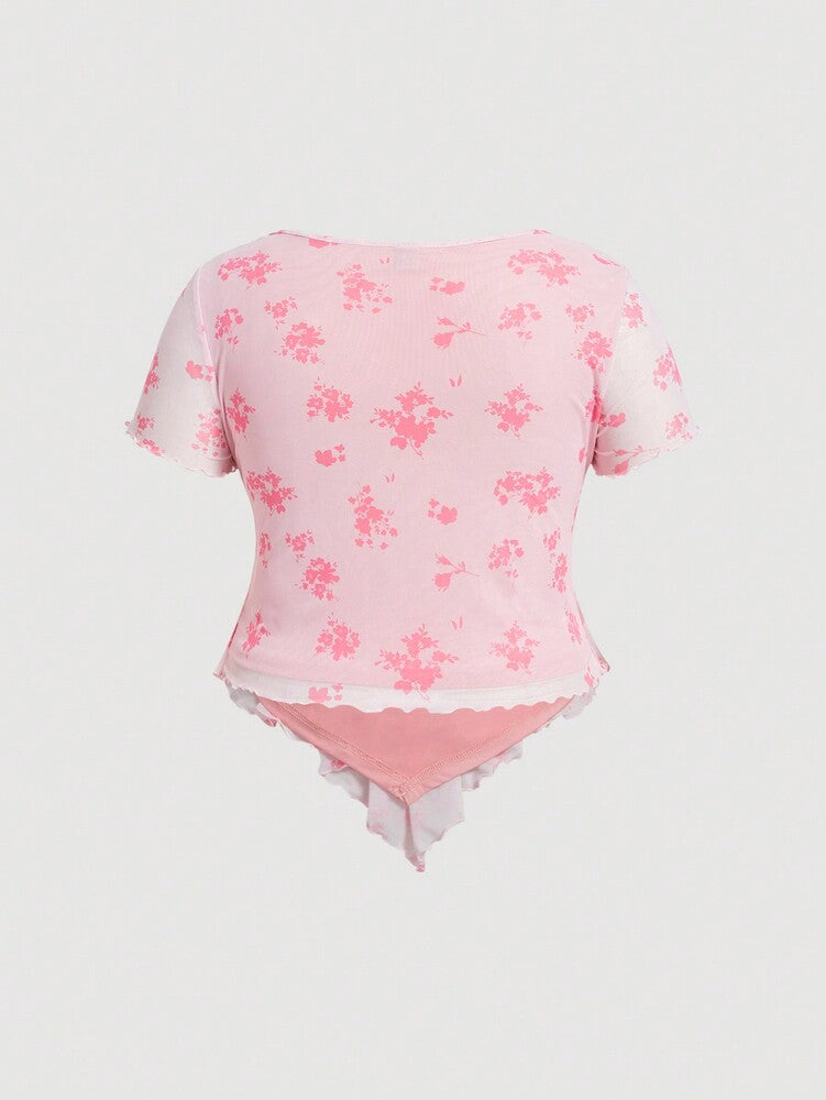 Plus Size Summer Floral Print Twisted Tie Front Short Sleeve T-Shirt with Curved Hem