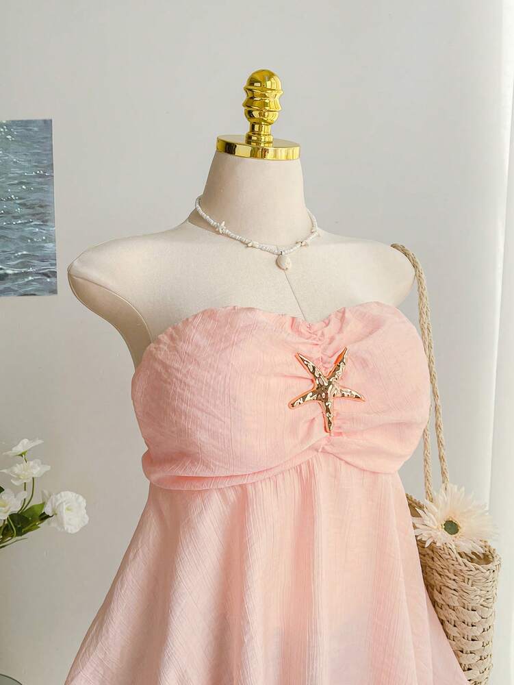 Plus Size Pink Starfish Decor A-Line Sleeveless Camisole – Cute Strapless Summer Top for Vacations, Beach Days, and Casual Warm Weather Outfits