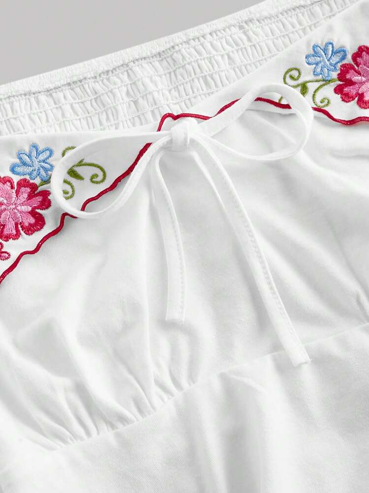 Plus Size Romantic Embroidered Ruffled Puff Sleeve Blouse – Casual Daily & Vacation Wear for Spring, Summer & Fall