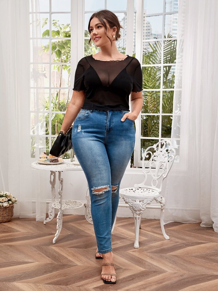 Plus Size Sheer Mesh Lettuce Trim Top – Stylish & Breathable, Bra-Free Design for Women