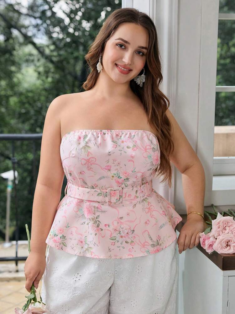 Plus Size Floral Print Belted Camisole Top – Romantic, Elegant, Classy Work & Casual Summer Outfits for Women