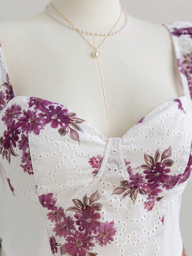 Plus Size Women’s Floral Embroidery Puff Sleeve Square Neck Cami Top – Casual Spring Style