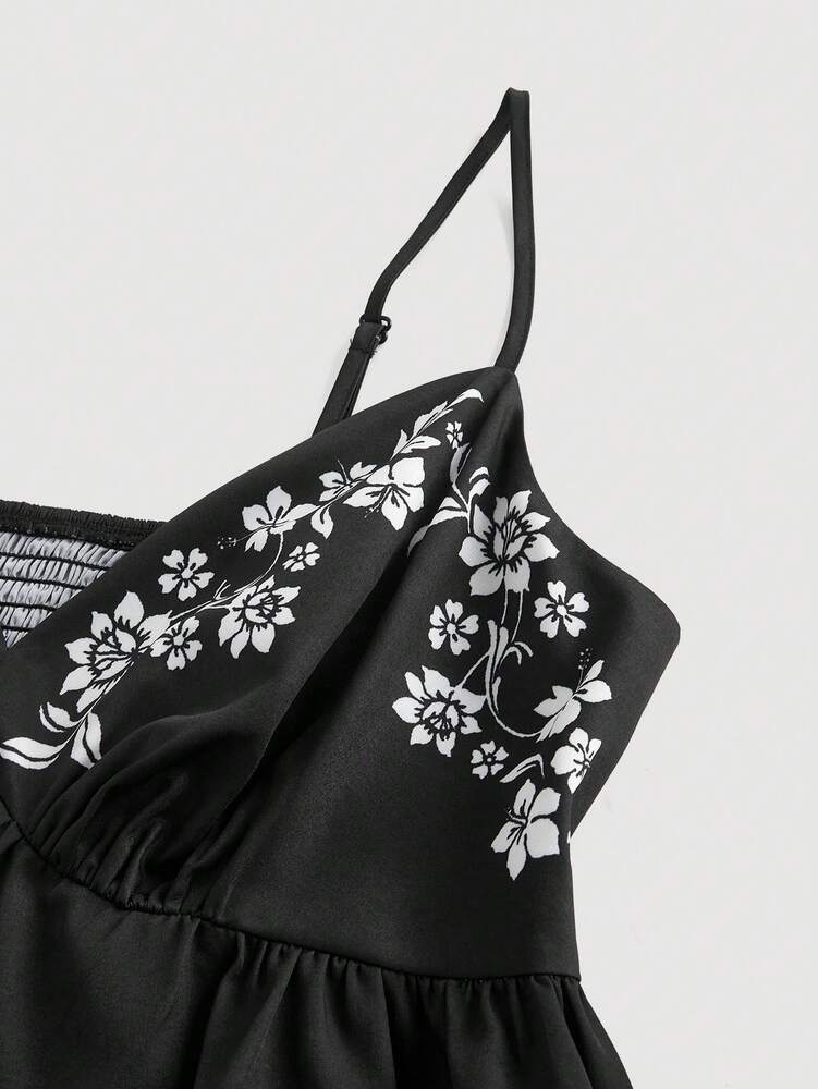 Plus Size Vintage Boho Floral Print Cami Top for Women – Summer Festival, Rave, Concert, Vacation Casual Black Tank