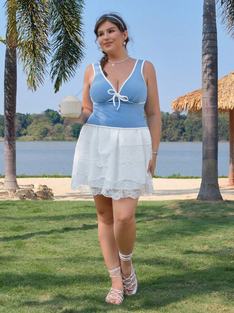 Plus Size Blue & White Contrast Bow Knitted Tank Top – Summer, Beach & Festival Outfits for Women