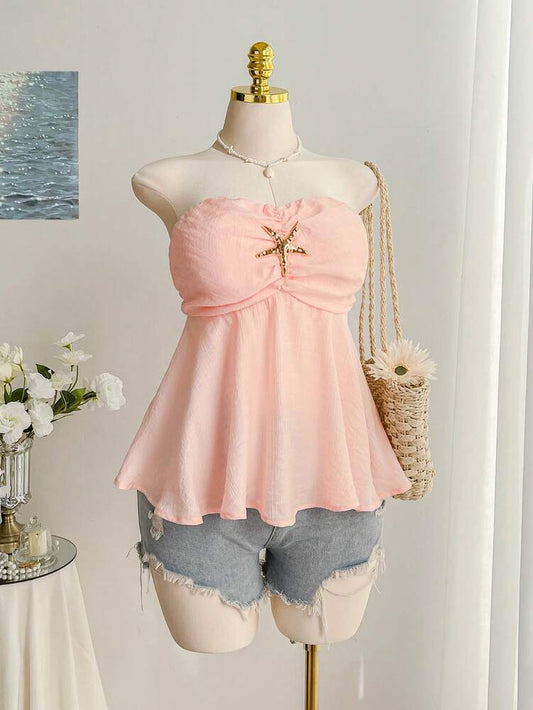 Plus Size Pink Starfish Decor A-Line Sleeveless Camisole – Cute Strapless Summer Top for Vacations, Beach Days, and Casual Warm Weather Outfits