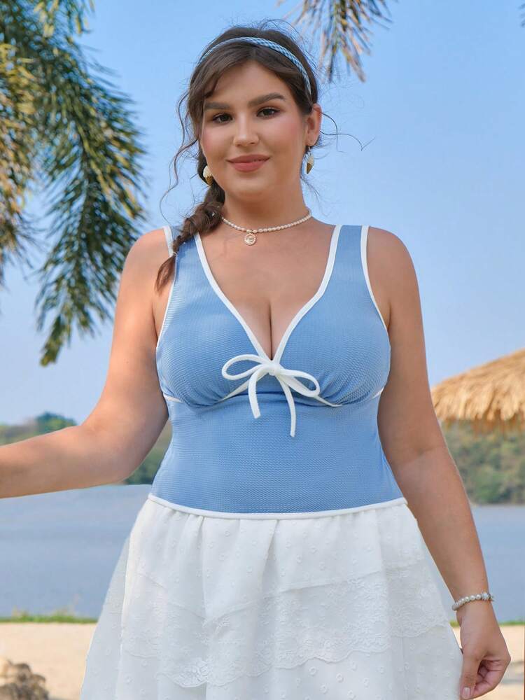 Plus Size Blue & White Contrast Bow Knitted Tank Top – Summer, Beach & Festival Outfits for Women