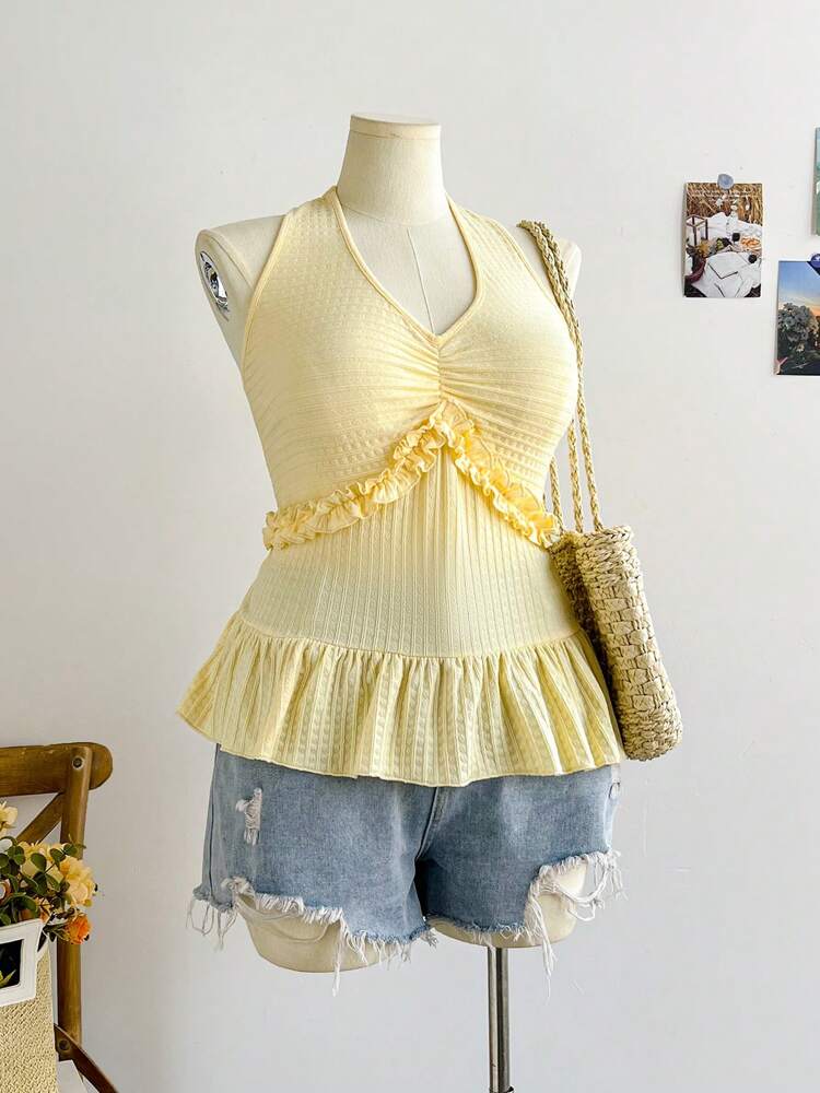Plus Size Yellow Halter Tie-Up A-Line Top for Women – Spring Casual, Beach, Countryside, Romantic & Tea Time Outfits