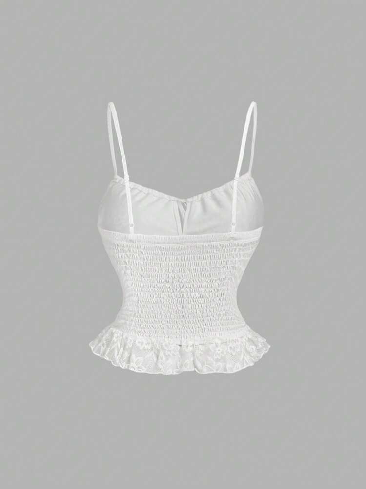Plus Size Elegant White Lace Waist Camisole – Romantic, Sexy with Bow Detail, Gathered & Nipped Waist, Cute Summer Top for Women