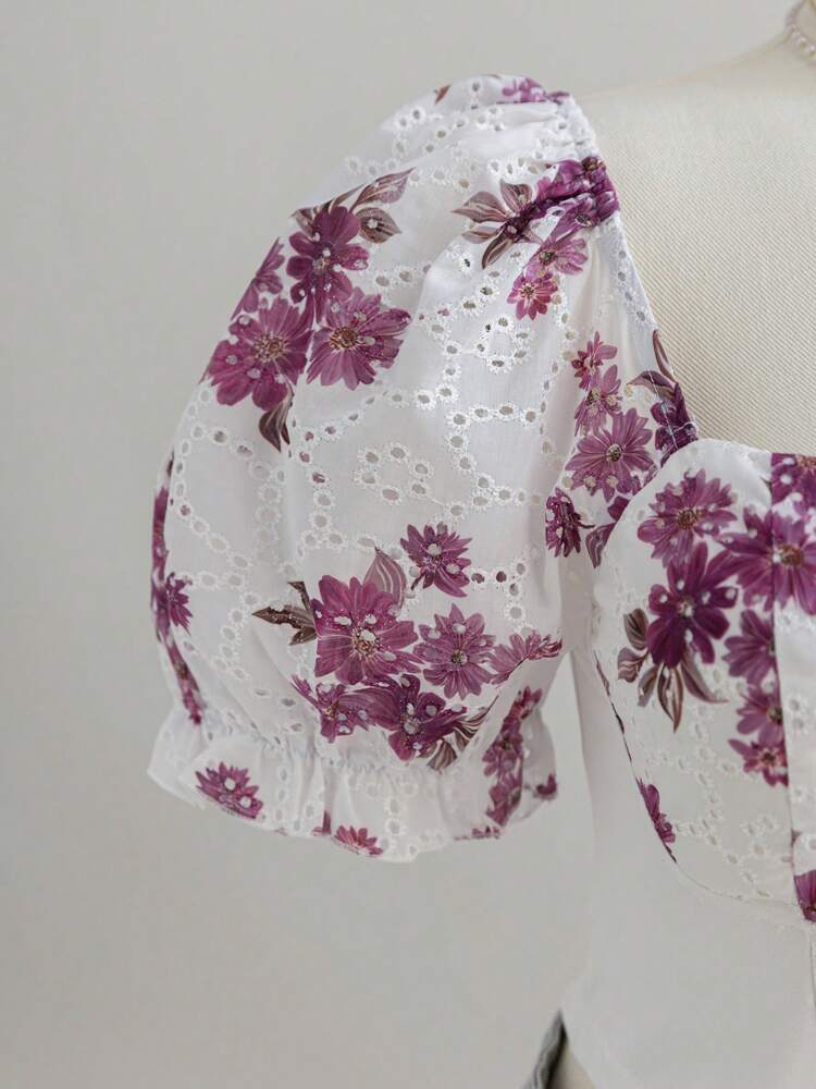 Plus Size Women’s Floral Embroidery Puff Sleeve Square Neck Cami Top – Casual Spring Style