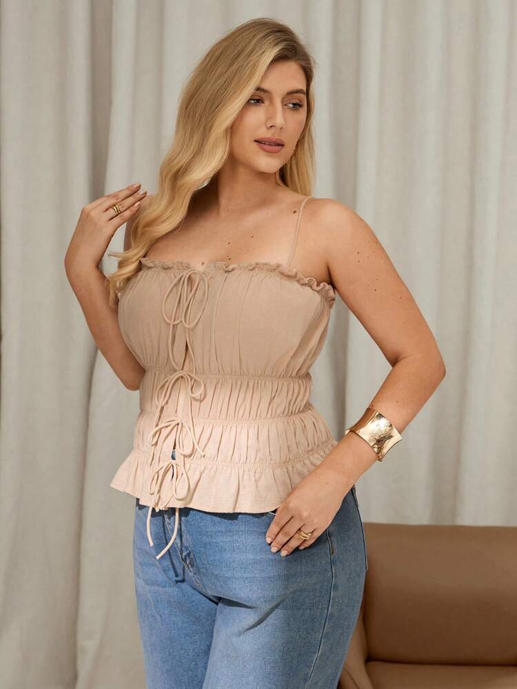 Plus Size Apricot Linen Suspender Tube Top – Elegant & Comfortable Y2K Style for Spring & Summer, Perfect for Vacation, Beach, Boho & Cruise Outfits