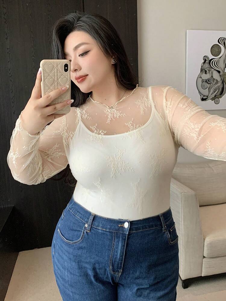 Sheer Lace Turtleneck Blouse for Women – Elegant & Stylish Dazy Plus Top