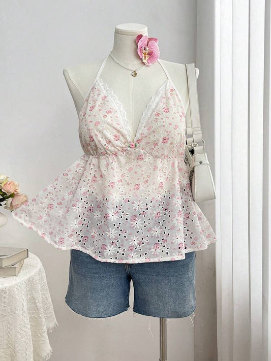 Plus Size Floral Contrast Lace Trim Halter Neck Camisole – Cute & Minimalist Summer Top for Women, Perfect for Casual, Vacation & Date Outfits