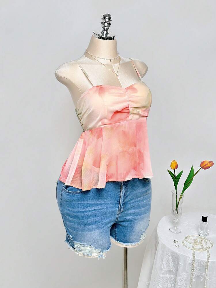 Plus Size Tie Dye Ruched Bust Babydoll Top with Ruffle Hem – Vibrant Orange Summer & Vacation Top, Lightweight and Flowy for Warm Weather Outfits