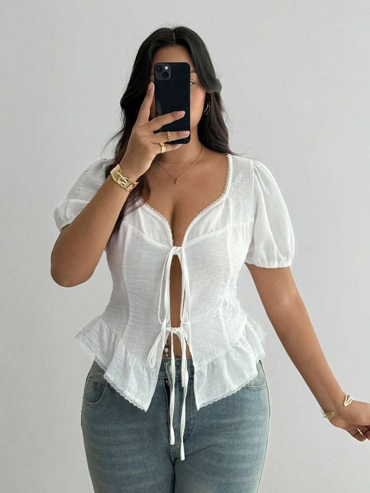 Plus Size Casual White Floral Lace Patchwork Blouse with Open Front Bowknot – Stylish Women’s Top