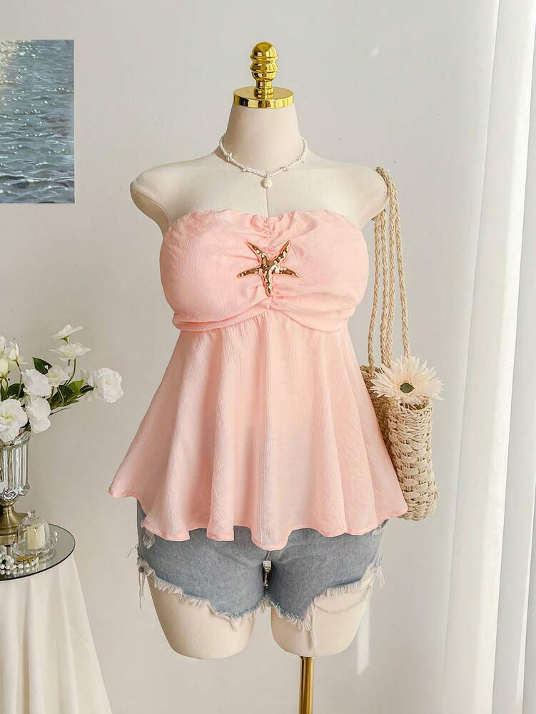 Plus Size Pink Starfish Decor A-Line Sleeveless Camisole – Cute Strapless Summer Top for Vacations, Beach Days, and Casual Warm Weather Outfits