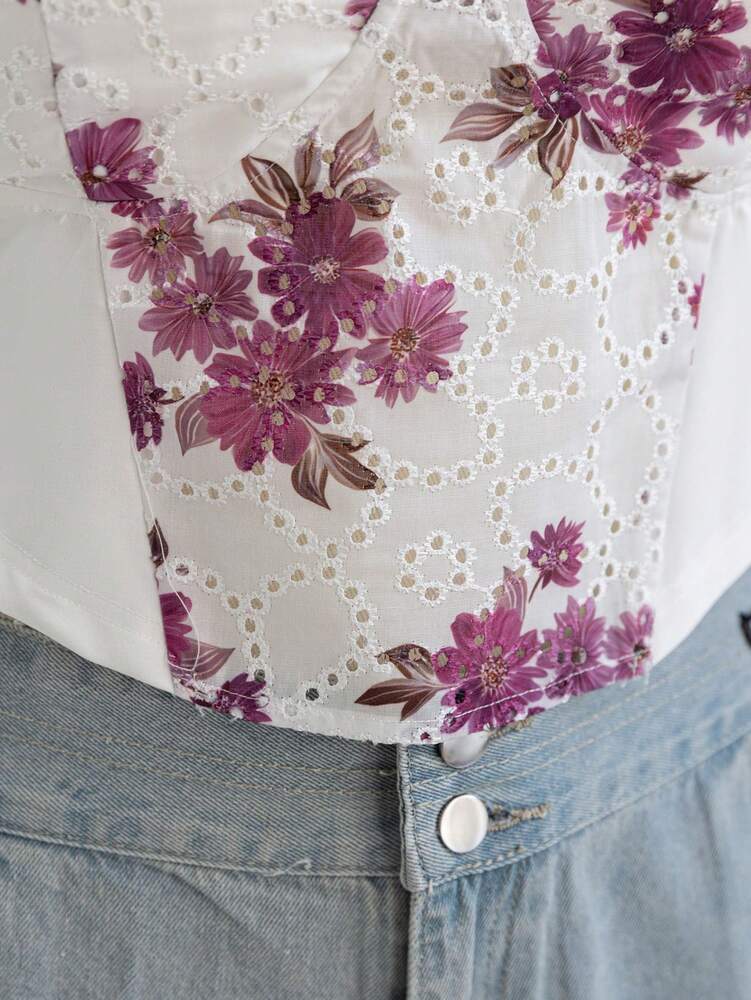 Plus Size Women’s Floral Embroidery Puff Sleeve Square Neck Cami Top – Casual Spring Style