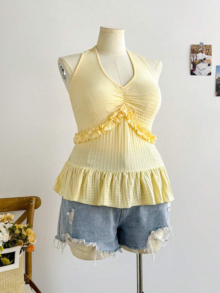 Plus Size Yellow Halter Tie-Up A-Line Top for Women – Spring Casual, Beach, Countryside, Romantic & Tea Time Outfits