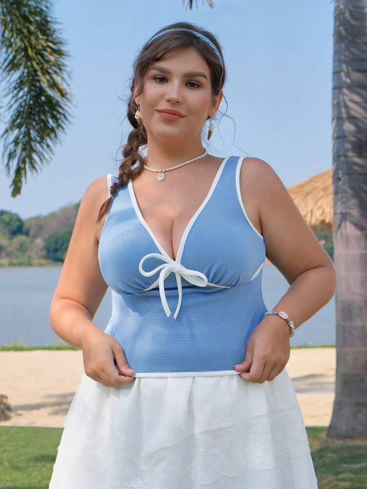 Plus Size Blue & White Contrast Bow Knitted Tank Top – Summer, Beach & Festival Outfits for Women