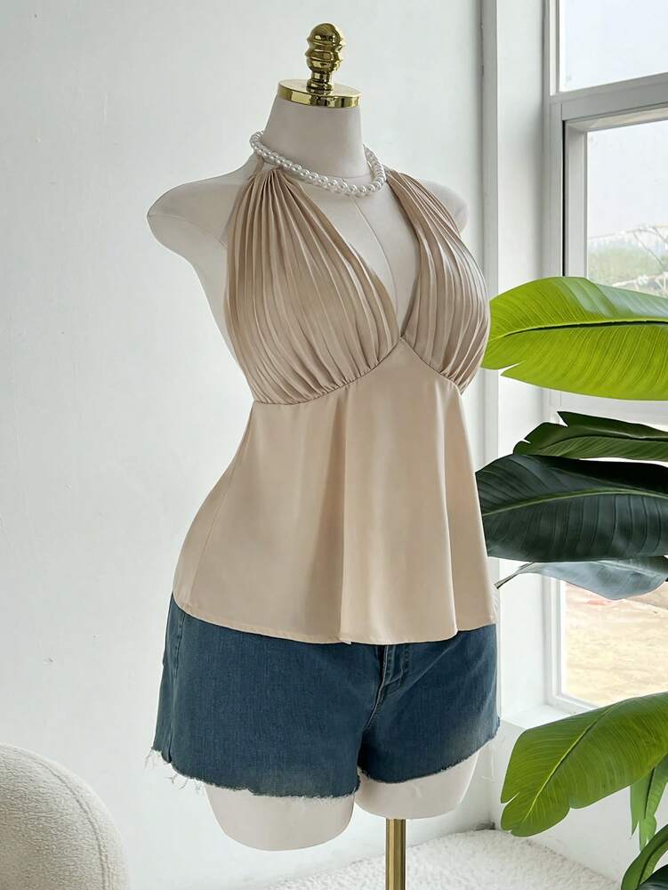 Elegant Fitted Satin Backless Pleated Deep V Neck Cami Vest for Women – European & American Style