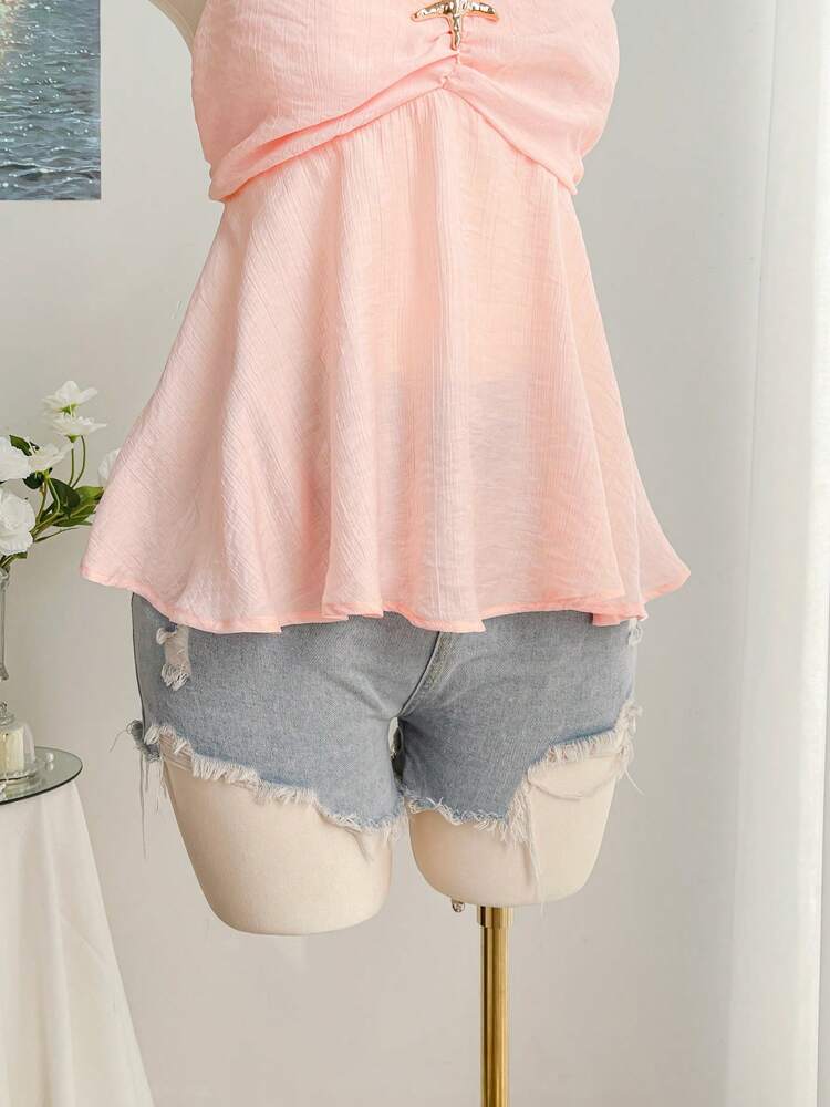 Plus Size Pink Starfish Decor A-Line Sleeveless Camisole – Cute Strapless Summer Top for Vacations, Beach Days, and Casual Warm Weather Outfits