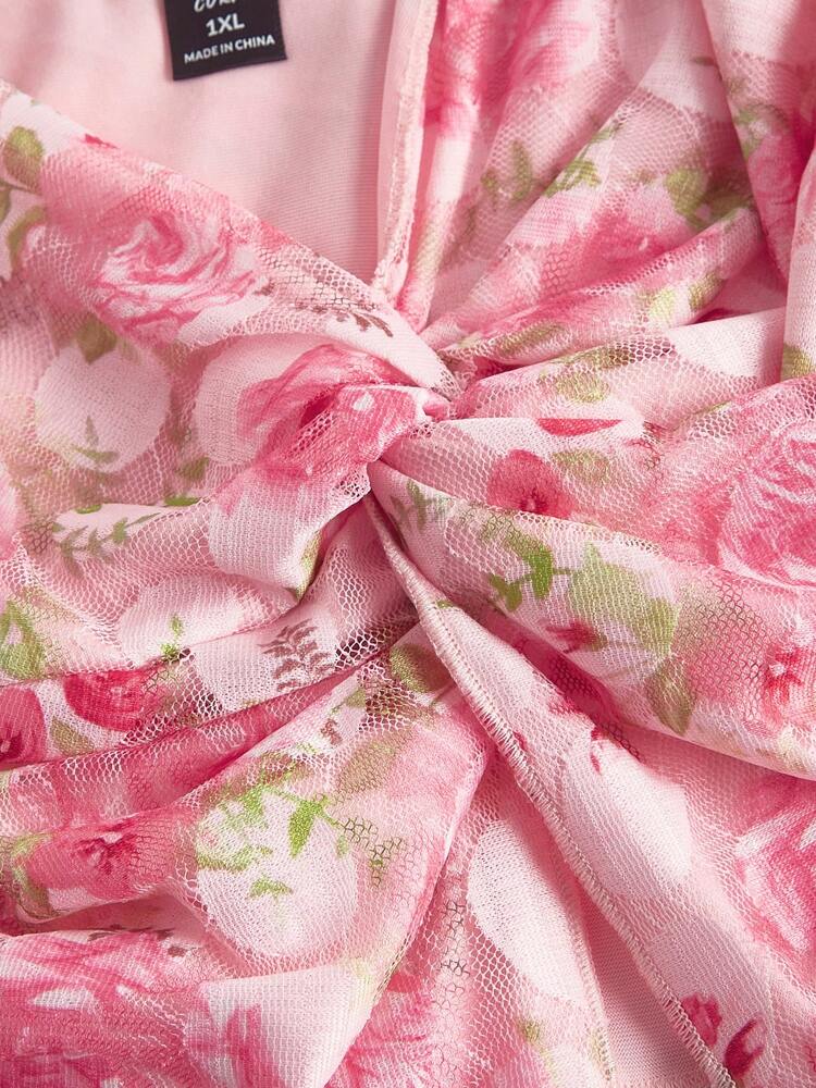 Plus Size Women’s Rose Floral Print Front Twist Camisole Tank Top – Pink Hawaiian Summer Top