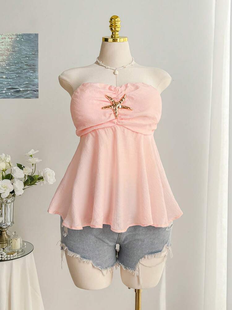 Plus Size Pink Starfish Decor A-Line Sleeveless Camisole – Cute Strapless Summer Top for Vacations, Beach Days, and Casual Warm Weather Outfits