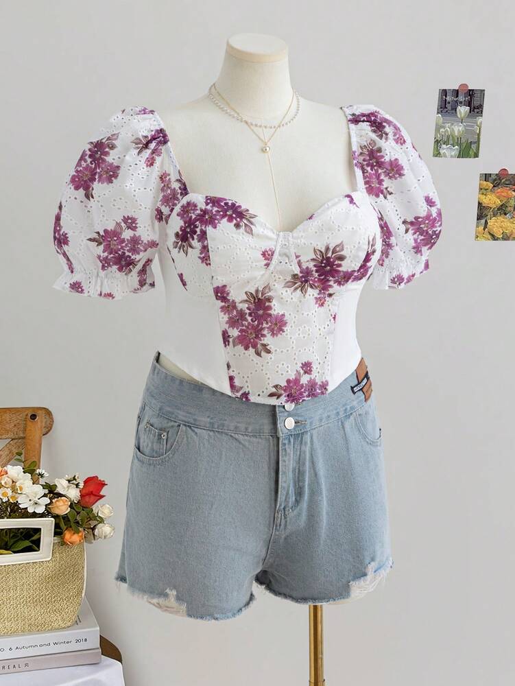 Plus Size Women’s Floral Embroidery Puff Sleeve Square Neck Cami Top – Casual Spring Style