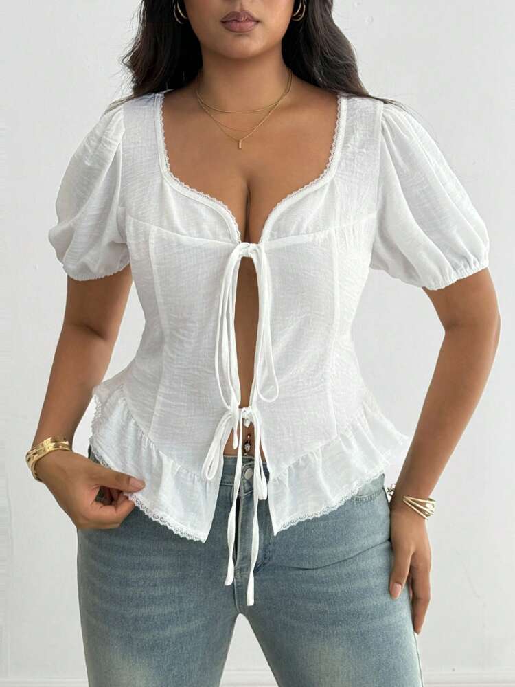 Plus Size Casual White Floral Lace Patchwork Blouse with Open Front Bowknot – Stylish Women’s Top