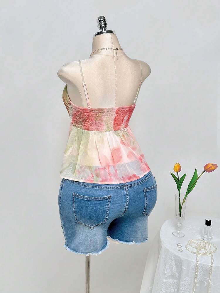 Plus Size Tie Dye Ruched Bust Babydoll Top with Ruffle Hem – Vibrant Orange Summer & Vacation Top, Lightweight and Flowy for Warm Weather Outfits